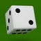 White dice with black dots hanging in half turn showing number 2 isolated on green background