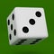 White dice with black dots hanging in half turn showing number 3 isolated on green background