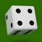 White dice with black dots hanging in half turn showing number 4 isolated on green background