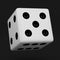 White dice with black dots hanging in half turn showing number 5 isolated on black background