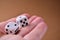 White dice lie on an open palm close-up on a brown background with a copy space. Playing table gambling