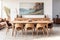 White dining room wooden table wooden chairs, large painting on the wall