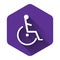 White Disabled handicap icon isolated with long shadow. Wheelchair handicap sign. Purple hexagon button