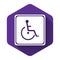 White Disabled handicap icon isolated with long shadow. Wheelchair handicap sign. Purple hexagon button