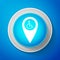 White Disabled Handicap in map pointer icon isolated on blue background. Invalid symbol. Circle blue button with white