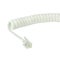 White disconnected telephone handset extension cord, curly coil line spiral wire cable, isolated 4P4C RJ22 connector jack