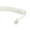 White disconnected telephone handset extension cord, curly coil line spiral wire cable, isolated 4P4C RJ22 connector jack landline