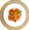 White dish with Pasta spaghetti , mussel and tomatoes