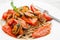 White dish with Pasta spaghetti , mussel and tomatoes