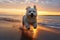 White dog dashing across the sandy shore as the sun sets in a spectacular burst of colors. Ai generated