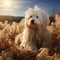 White dog of the Komondor breed, or Hungarian Shepherd. An animal with unusual hair in the form of dreadlocks.