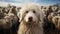 White dog of the Komondor breed, or Hungarian Shepherd. An animal with unusual hair in the form of dreadlocks.