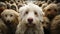 White dog of the Komondor breed, or Hungarian Shepherd. An animal with unusual hair in the form of dreadlocks.