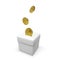 White donation box with falling gold coins. 3D realistic charity and donation concept. Business object for banner and poster