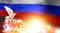 a white dove flying on hand and a russia flag background and sun