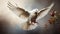 A white dove is flying through the sky with its wings spread wide, Ai Generated