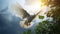 A white dove is flying through the sky with its wings spread wide, Ai Generated