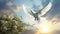 A white dove is flying through the sky with its wings spread wide, Ai Generated