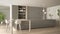 White and dove gray minimal kitchen in eco friendly apartment, island, table, stools and open cabinet with accessories, window,