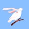 White dove sitting on branch with hearts and ribbon in beak, international day of peace