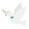 A white dove, a symbol of peace. A flying bird of the world holds a green twig in its beak. The heart is in colors of