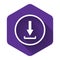 White Download icon isolated with long shadow. Upload button. Load symbol. Arrow point to down. Purple hexagon button