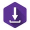 White Download icon isolated with long shadow. Upload button. Load symbol. Arrow point to down. Purple hexagon button