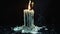 a white dripping candle, its flame casting a warm glow against a dark background, leaving trails of wax as it slowly