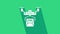 White Drone delivery concept icon isolated on green background. Quadrocopter carrying a package. Transportation