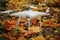 White drone standing in yellow autumn leaves