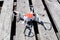 White drone on wooden background. Technology in the aero photo shooting