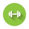 White Dumbbell icon isolated with long shadow. Muscle lifting icon, fitness barbell, gym, sports equipment, exercise