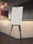 White easel stands in reception waiting area, 3d rendering