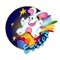 A white Easter bunny rabbit flies on an Easter egg, decorated like a space rocket. Rainbow tail and stars. Greeting card. Funny ch