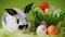White Easter bunny sitting near decorative grass basket with eggs