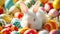 White Easter bunny surrounded by many colorful brightly painted eggs. Festive Rabbit. For greeting, invitation, postcard