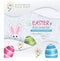 White Easter Egg banner. Multicolored eggs and egg hunter bunny on pattern background. Happy Easter invitation