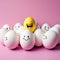 White Easter eggs with laughing and happy face, eyes and mouth, on pink background.