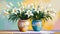 White easter lilies in colorful pots