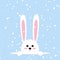 White easter rabbit. Funny bunny in flat style. Easter Bunny. On blue winter background, falling snowflakes. Vector
