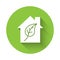 White Eco friendly house icon isolated with long shadow. Eco house with leaf. Green circle button. Vector
