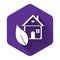 White Eco friendly house icon isolated with long shadow. Eco house with leaf. Purple hexagon button