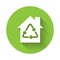White Eco House with recycling symbol icon isolated with long shadow. Ecology home with recycle arrows. Green circle