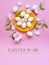 White Eggs on Yellow plate flowers  On Pink Background Ester Holiday Background Concept