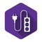 White Electric extension cord icon isolated with long shadow. Power plug socket. Purple hexagon button
