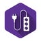 White Electric extension cord icon isolated with long shadow. Power plug socket. Purple hexagon button