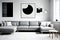 a white elegant living room with black and white corner sofa and modern art posters generated by ai