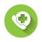 White Emergency phone call to hospital icon isolated with long shadow. Green circle button. Vector Illustration