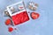 White empty box with red backing for Valentine`s day. box for delivery of food