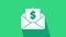 White Envelope with coin dollar symbol icon isolated on green background. Salary increase, money payroll, compensation
